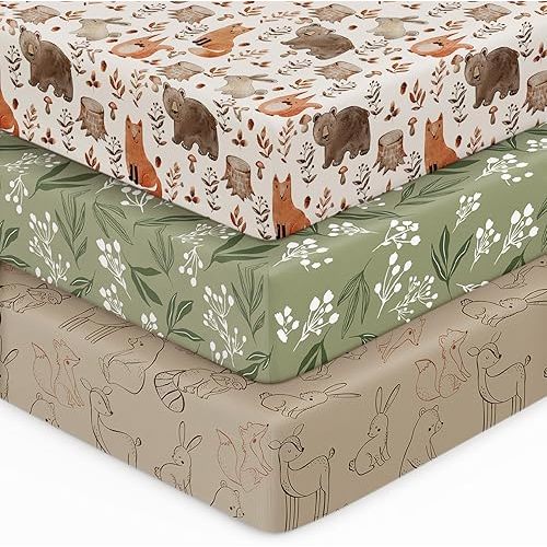 Unnivoll Baby Crib Sheets for Boys Girls, 28x52x8in Fitted Crib Sheet Neutral 3 Pack for Standard Crib and Toddler Mattress, Breathable Soft Microfiber Baby Sheet Green & Brown Fox