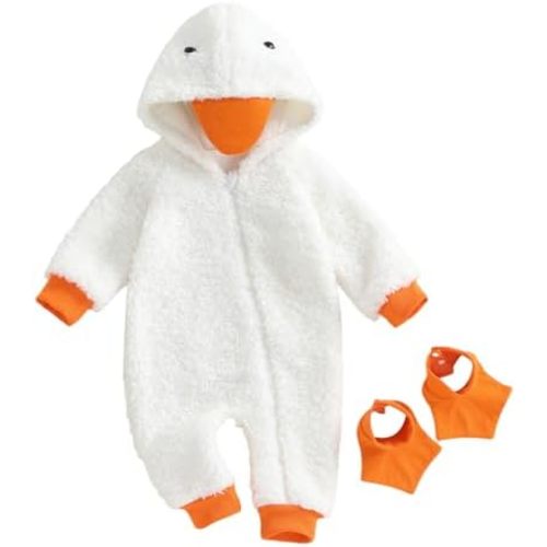 Toddler Baby Christmas Goose Costum Plush Jumpsuit Long Sleeve Hooded Zip Up Fleece Romper with Foot Covers 2Pcs