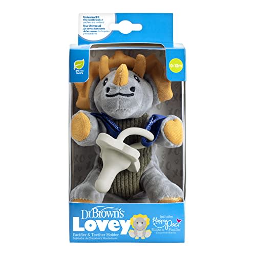 Dr. Brown's Baby Lovey Pacifier and Teether Holder, Triceratops with Gray HappyPaci, 100% Silicone, 0-6m (Packaging May Vary)