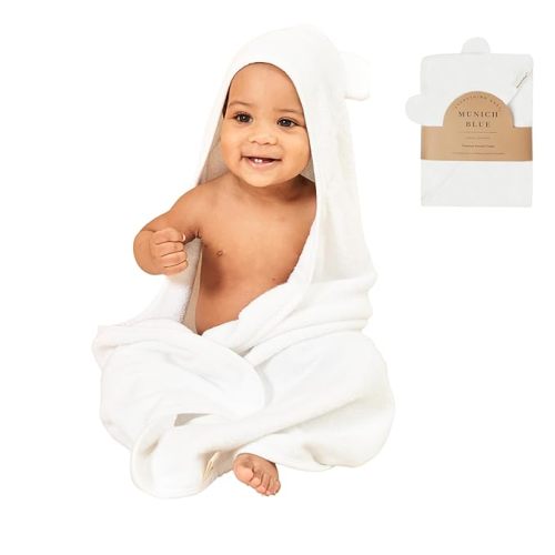 Munich Blue Baby Bath Hooded Towel for Boys and Girls - Soft and Cozy Viscose from Bamboo and Cotton Bath Towel with Cute Bear Ears for Newborn, Infant and Toddler - White, 600 GSM, 35 x 35 inch