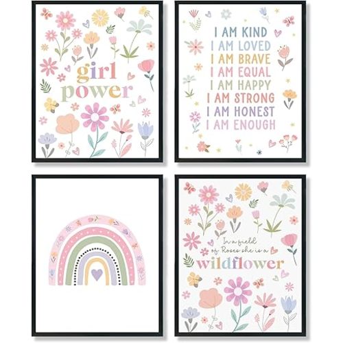ULEGIE Toddler Affirmations Decor, Yellow Pink Purple Girls Affirmation Wall Art Decor Set of 4 Posters & Prints, Pastel Boho Rainbow Floral Girls Room Nursery Wall Decoration, 8x10 Inch Unframed