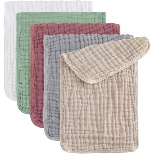 5 Pieces Baby Burp Cloth 100% Cotton Newborn Cotton Muslin Burp Cloth 10x20 inches (Green&Khaki&White&Grey&Purple 5 Pieces)