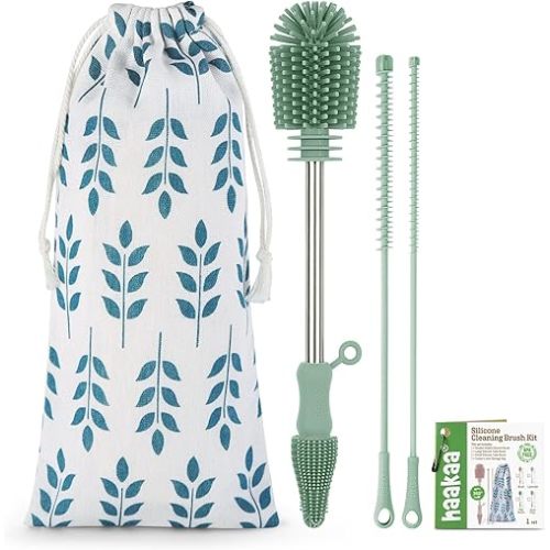 haakaa Silicone Cleaning Brush Kit - Baby Bottle Brush Cleaner for Breast Pump,Nipple,Breast Milk Storage Bag,Reusable Straw,Sippy Cup - Food Grade Silicone Bristles, Portable - 3 Pcs - Pea Green