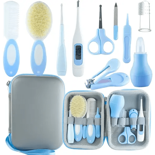 Baby Grooming Kit, Baby Essentials for Newborns, Portable Baby Care Kit, Contains Baby Nail Clippers, Baby Comb, Baby Brush, Baby Ear Wax Removal Tool and More (10 in 1) (Blue)