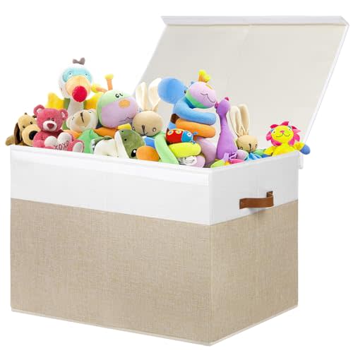 Large Toy Storage Box with Lid, Sturdy Toys Storage Chest Bin Organizer Basket with Dividers for Kids, Boys, Girls, Nursery, Closet, Bedroom, Playroom 26"x17" x17" (Beige and White)