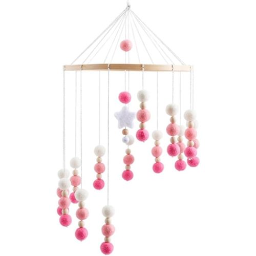Baby Mobile 100% Felt Ball Bed Bell Mobile Crib Wooden Wind Chime Pom Pom Ball Rotating Crib Mobile Nursery Decor, Pink