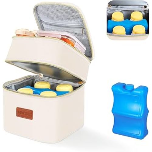 PIIOSER Breast Milk Storage Cooler Bag with Ice Pack, Fits 4 Baby Bottles Up to 5 Ounce, Small Insulated Breastmilk Cooler Travel Bag with Handle Buckle for Nursing & Working Mom Daycare (Cream-XS-1