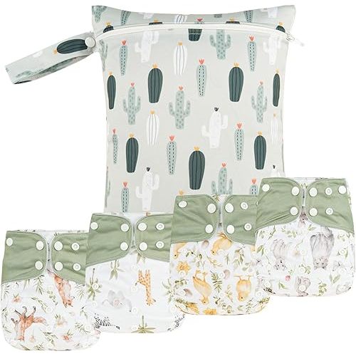 9 Sets Newborn Baby Cloth Pocket Diapers Adjustable Reusable for Baby Boys and Girls(6-33 pounds,0-3 Years),One Wet Bag+4Diapers and 4Inserts (AD10)