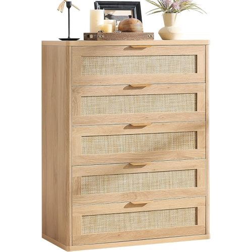 LEYAOYAO Rattan Dresser for Bedroom, 41" Tall Chest of Drawers, Modern 5 Drawers Boho Dressers with Storage, Light Oak Dresser Wooden Closet Organizer for Living Room, Hallway, Natural Wood