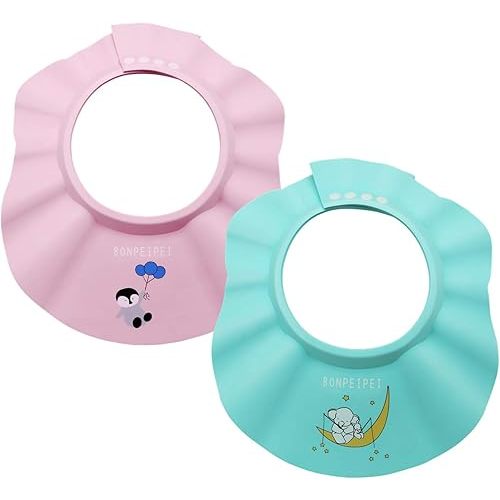 Baby Shower Shampoo Cap 2Pcs Adjustable Safety Eva Bath Visor Waterproof Soft Hair Washing Guard Accessories Bathing Hat for Girls, Boys, Infants, Kids and Toddlers-pink/green