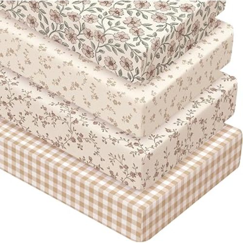 Peryiter 4 Pack Crib Sheets Brown Retro Floral Soft Baby Bed Sheet Set 52'' x 28" Nursery Crib Sheets for Standard Bed Toddler Mattress Nursery Decor Boys Girls Kids