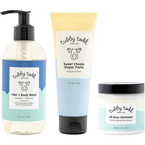 TUBBY TODD Baby Bundle Newborn Skin Care Set - Hypoallergenic Hair + Body Wash, All Over Ointment with Colloidal Oatmeal, Sweet Cheeks Diaper Paste - Lavender Rosemary, Standard Size