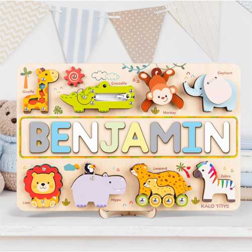 Wooden Busy Board, Baby Gift, First Birthday Gift, Personalized Safari Puzzle, Name Puzzle Toy, Baby Boy Gift,Baby Shower Gift, 1st Birthday