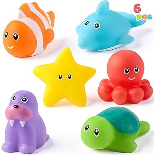JOYIN 6 Pcs Sea Animal Bath Toys, Sealed & No-Hole & Mold Free Bathtub Toys for Kids, Non-Toxic & Soft Water Vehicles Toys for Boys and Girls, Squeezable & Float on Water, Ideal for Bath & Pool Time