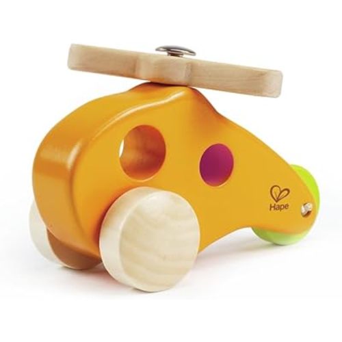Hape Little Copter Wooden Toy Toddler Play Vehicle, L: 5, W: 2.6, H: 3.5 inch, Yellow