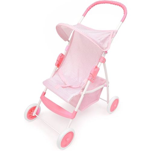 Badger Basket Folding Doll Umbrella Stroller for Dolls Up to 18 Inches - Lightweight, Compact Doll Stroller with Safety Belt, Pink and White Design