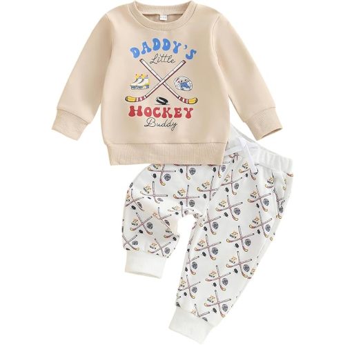 Toddler Baby Boy Hockey Outfit Letter Print Long Sleeve Sweatshirt Ice Hockey Pants Set Infant Fall Winter Clothes