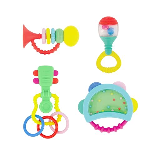 Infantino Baby's 1st Teethe and Play Music Set - Baby Essentials 4 Piece Gift Set, Instrument Themed Teethers and Rattles for Sensory Stimulation and Motor Development for Babies & Toddlers, BPA Free