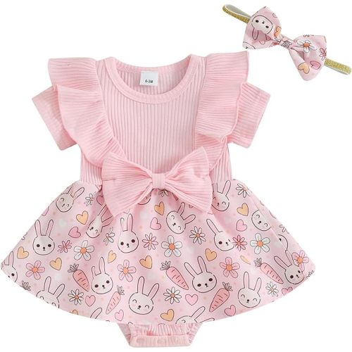 Karuedoo Newborn Baby Girl Easter Romper Dress Ruffle Short Sleeve Bunny Eggs Print Jumpsuit Bodysuit with Headband - 0-3 Months - A-pink