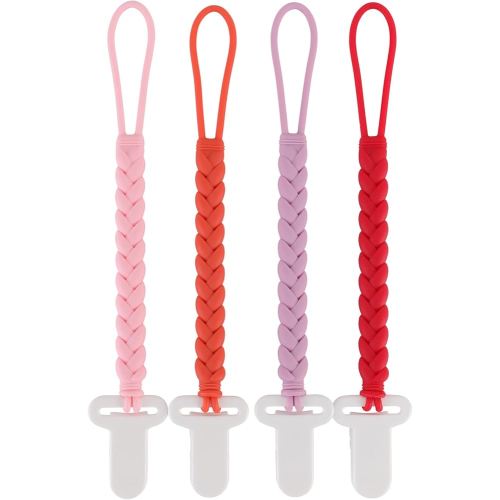 4-Pack Silicone Pacifier Clips with a Woven Rope Shape for Baby Boys and Girls - Flexible and Rust-Free Holders for Teething Relief and Baby Essentials, Safe for Newborns (Pink)