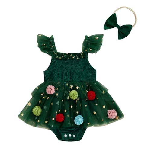 0-18 Months Baby Girl Halloween Clothes Smocked Pumpkin Romper Onesie Tulle Lace Bodysuit Infant Girl Christmas Clothes (Green, 0-3 Months)