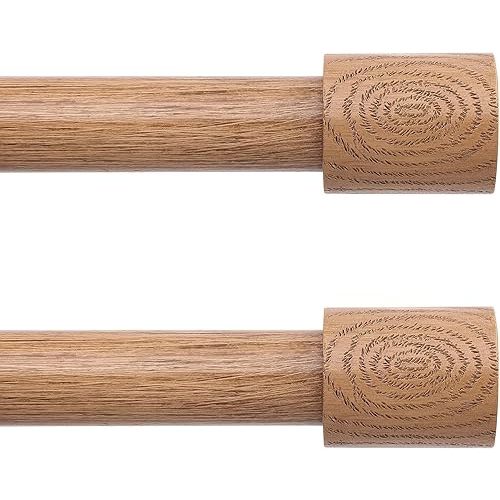 2 Pack Wood Curtain Rods, 1'' Decorative Adjustable Rustic Farmhouse Drapery Rod, Heavy Duty Boho Curtain Pole for Windows 48 to 84 Inch with Imitation Wooden Grain Finials, (Light Wood/Unique Design)