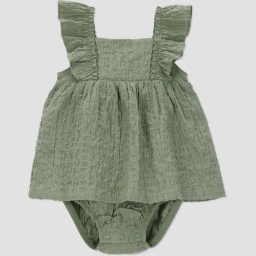 Carter's Just One You® Baby Girls' Seersucker Dress - Green 9M: Cotton Romper, Flutter Sleeve, Snap Closure