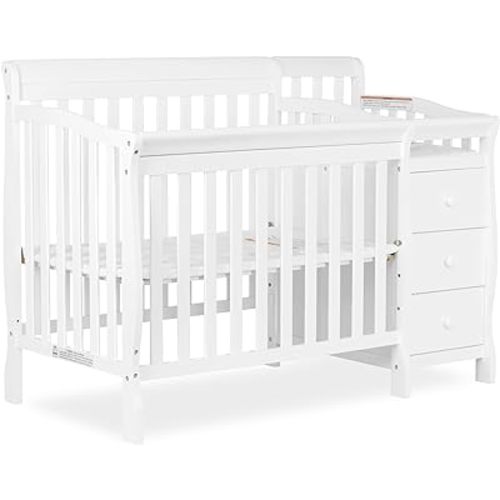 Dream On Me Jayden 4-in-1 Mini Convertible Baby Crib And Changer in White, Greenguard Gold Certified, Non-Toxic Finish, New Zealand Pinewood, 1" Mattress Pad