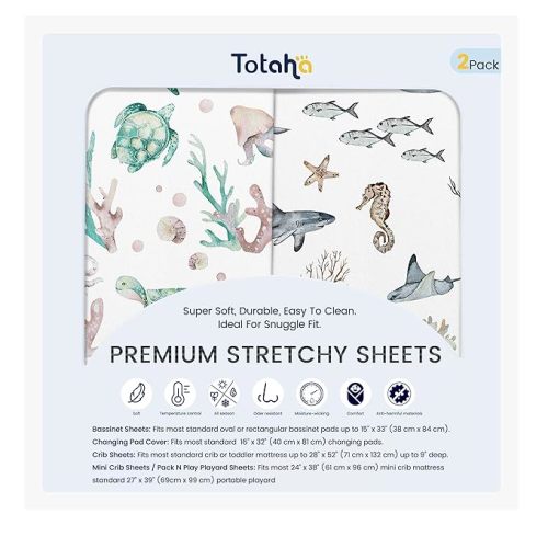 TotAha Premium Soft Bassinet Sheet for Boy Girl, Super Stretchy Jersey Knit Bassinet Fitted Sheet, Compatible with Halo, Maxi COSI, Mika Micky, SNOO, and Other Bassinet, 2 Pack (Sea Animal)