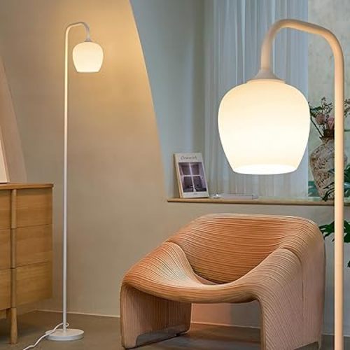 ONEWISH White Floor Lamp-Modern Standing Lamp for Living Room Bedroom, Opal Glass Lamp Shade, LED Bulb Included, for Reading Office, Simple Design Home Decor for Christmas Thanksgiving Day