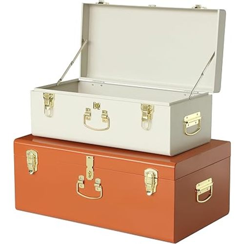 Vixdonos Decorative Large Metal Box Storage Trunk Chest Set of 2 College Dorm Organizer with Hardware Hasps and Handle for Home Deocr,23.7X14.2X9.5 Inches(Beige and Orange)