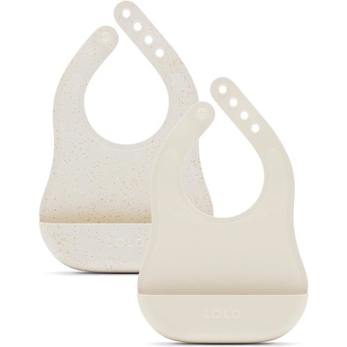 Lalo The Bib - Waterproof, Non-Toxic Silicone Baby Bib with Adjustable Neck Band & Silicone Food Pouch Catcher, Set of 2 - Oatmeal