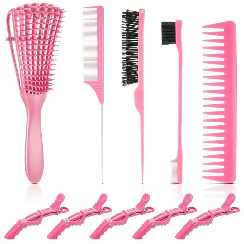 Boao 10 Pcs Hair Styling Kit - Detangler, Wide Tooth Comb, Teasing Brush, Rat Tail Comb, Edge Brush, Alligator Clips for Curly, Wet Hair - Gift for Women & Girls (Pink)