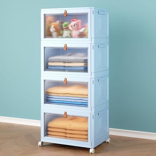 4 Tier Stackable Plastic Storage Bins with Lid and Wheels - 23 QT Closet Organizers and Storage, Foldable Storage Containers, Organization and Storage Boxes for Craft, Home, Pantry, Dorm,Blue