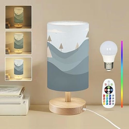 Round Table Lamp for Bedroom Mountain Landscape Mountain Mural Mountains Pastel Colors for Beside Lamps Desk lamp with Wood Base Nightstand Lamps for Nursery Living Room Home Decor
