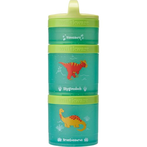 Whiskware Dinosaur Stackable Snack Containers for Kids and Toddlers, 3 Stackable Snack Cups for School and Travel, Green/Blue