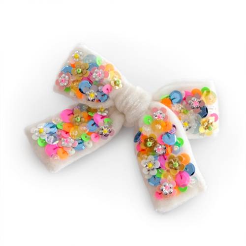 Neon hair bow embellished with sequins - Beaded white velvet hair bow clip - Bow headband or pigtail set for toddlers -