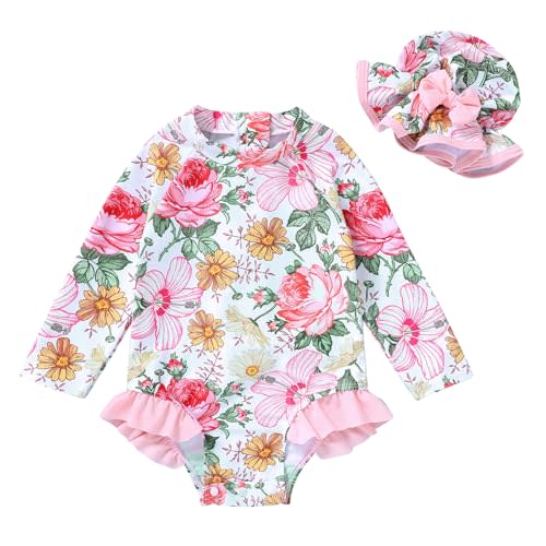 Infant Baby Girl Swimsuit One-Piece Long Sleeve Rash Guard with Hat Set Floral Zipper Bathing Suit Leopard Beach Wear