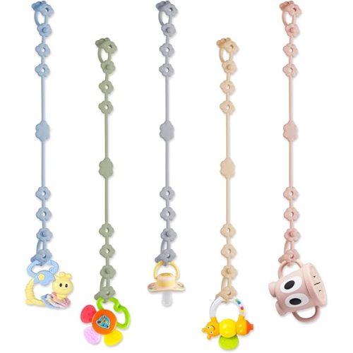 Toy Straps for Baby, 5 Pack Adjustable Silicone Toy Safety Straps for Stroller, High Chair, Car Seat, Teething Toy, Cribs, Food Grade Silicone, Multi Colors (Blue+Green+Gray+Beige+Pink)