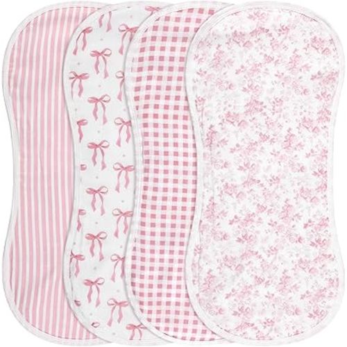 Boao 4 Pack Baby Burp Cloths Pink Bow Rayon Cotton Baby Burping Cloths 21" x 10" Soft Muslin 7 Absorbent Layers Washcloths Newborn Face Towels for Teething Drooling Infant Boy Girl Unisex