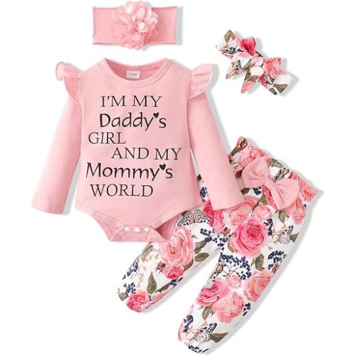 SUNNY PIGGY Newborn Infant Baby Girl Clothes Outfits Ruffle Romper Floral 4Pcs Pants Sets Toddler Girls Clothing Set