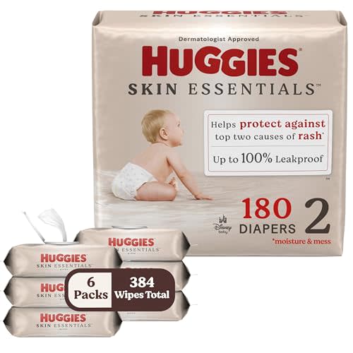 Bundle of Huggies Size 2 Diapers, Skin Essentials Baby Diapers, Size 2 (12-18 lbs), 180 Count (3 Packs of 60) + Huggies Skin Essentials Baby Wipes, 99% Water, 6 Flip Top Packs (336 Wipes Total)