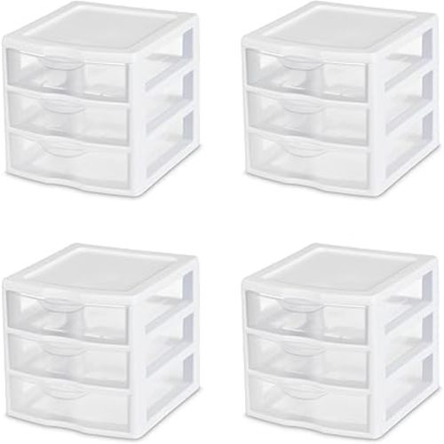 Sterilite 4-Pack 3 Drawer Unit, Plastic Desktop Organizer with Clear Drawers, White Frame - Stackable Multi-Purpose Storage for Office Supplies, Craft Rooms, Classrooms and Home Organization