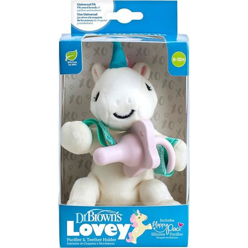 Dr. Brown's Baby Lovey Pacifier and Teether Holder, Unicorn with Pink HappyPaci, 100% Silicone, 0-6m