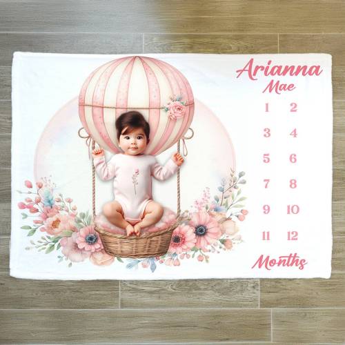Personalized Baby Girl Milestone Blanket: Hot Air Balloon, Plush Velveteen