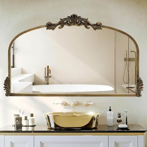 36.6 in. W x 21.7 in. H Ornate Baroque Antique Brass Vintage Stainless Metal Frame Arched Wall Mirror