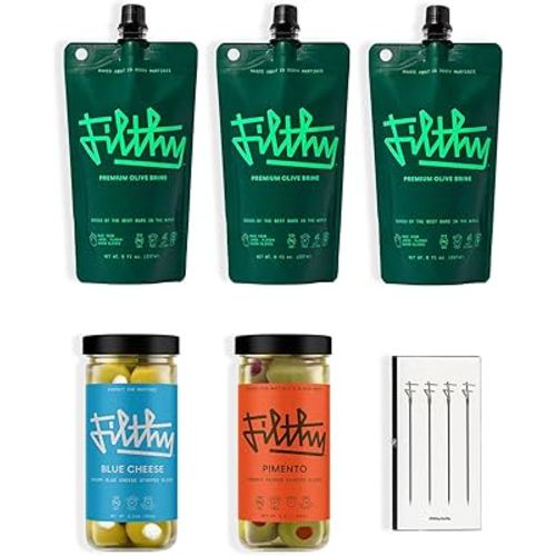 Filthy Martini Cocktail Kit, Premium Cocktail Kit, Includes Olive Brine, Pimento Stuffed Olives, Blue Cheese Stuffed Olives & 4 Stainless Steel Cocktail Picks, Non-GMO, Gluten Free