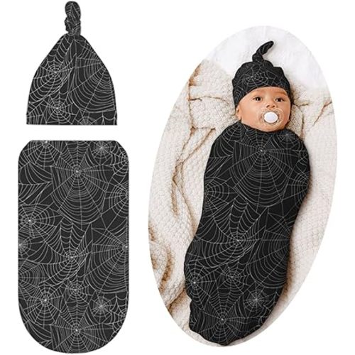 Gothic Swaddle Blanket with Hat for Baby, Goth Swaddling, Halloween Theme Baby Items Stuff, Shower Gifts for Boys Girls