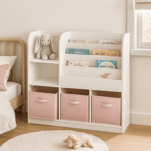 Homy Casa Kids Bookcase with Bins, Toy Storage Organizer for Kids Bedroom & Reading Nook, White & Pink