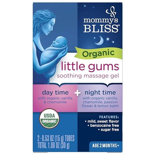 Mommy's Bliss Organic Little Gums Soothing Massage Gel Day and Night Combo, Great for Teething Babies, Age 2 Months+, Sugar Free, Mild & Sweet Flavor, 2 - 0.53 Oz Tubes (Pack of 1)